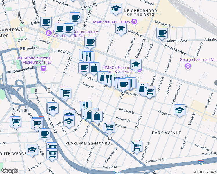 map of restaurants, bars, coffee shops, grocery stores, and more near in Rochester