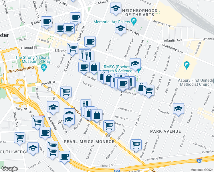 map of restaurants, bars, coffee shops, grocery stores, and more near in Rochester