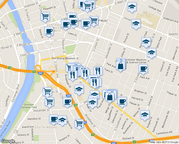 map of restaurants, bars, coffee shops, grocery stores, and more near 59 Priem Street in Rochester