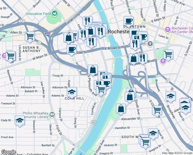 map of restaurants, bars, coffee shops, grocery stores, and more near 133 South Fitzhugh Street in Rochester