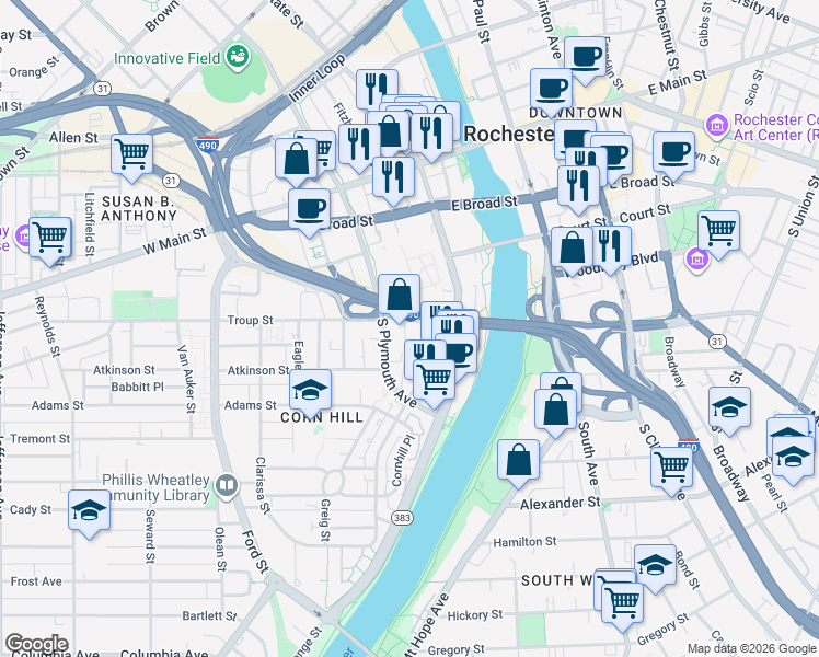 map of restaurants, bars, coffee shops, grocery stores, and more near 133 South Fitzhugh Street in Rochester