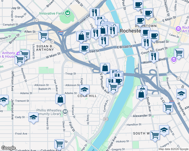 map of restaurants, bars, coffee shops, grocery stores, and more near 225 South Plymouth Avenue in Rochester