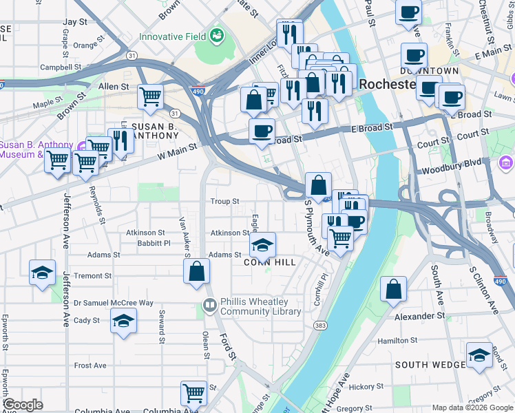 map of restaurants, bars, coffee shops, grocery stores, and more near 11 Eagle Street in Rochester