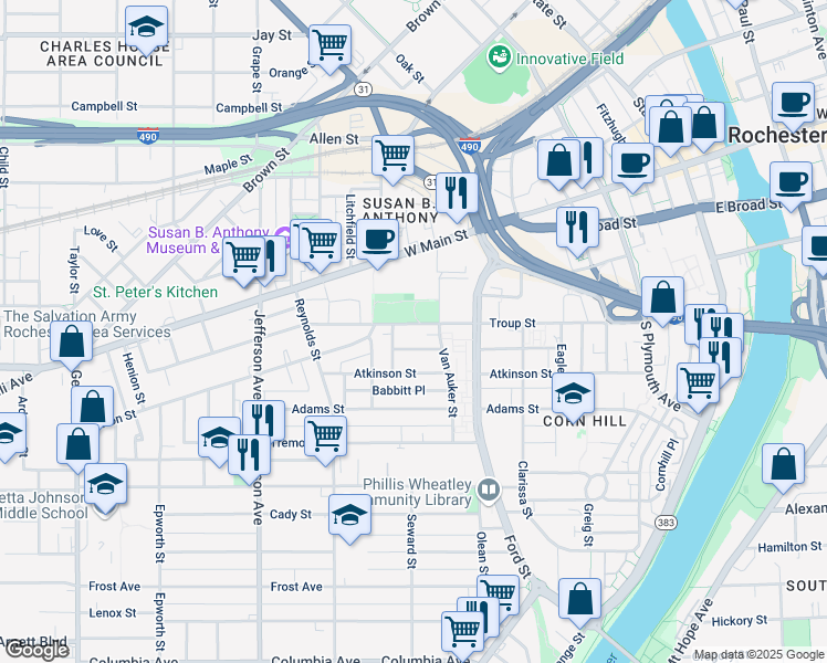 map of restaurants, bars, coffee shops, grocery stores, and more near 68 Waverly Place in Rochester