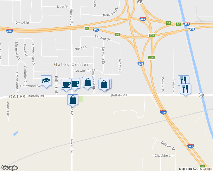 map of restaurants, bars, coffee shops, grocery stores, and more near 1334 Buffalo Road in Rochester