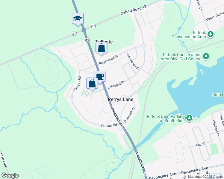 map of restaurants, bars, coffee shops, grocery stores, and more near 595228 Highway 59 in Woodstock
