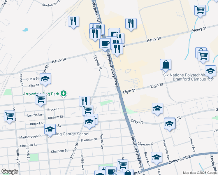 map of restaurants, bars, coffee shops, grocery stores, and more near 325 Campbell Street in Brantford