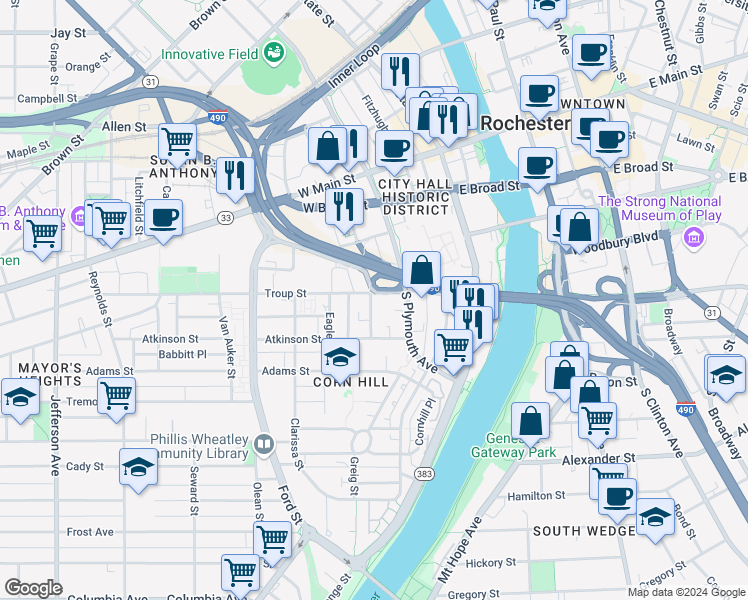 map of restaurants, bars, coffee shops, grocery stores, and more near 84 South Washington Street in Rochester