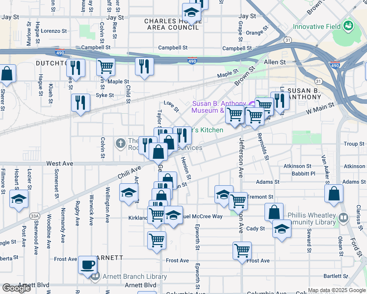 map of restaurants, bars, coffee shops, grocery stores, and more near 799 West Main Street in Rochester
