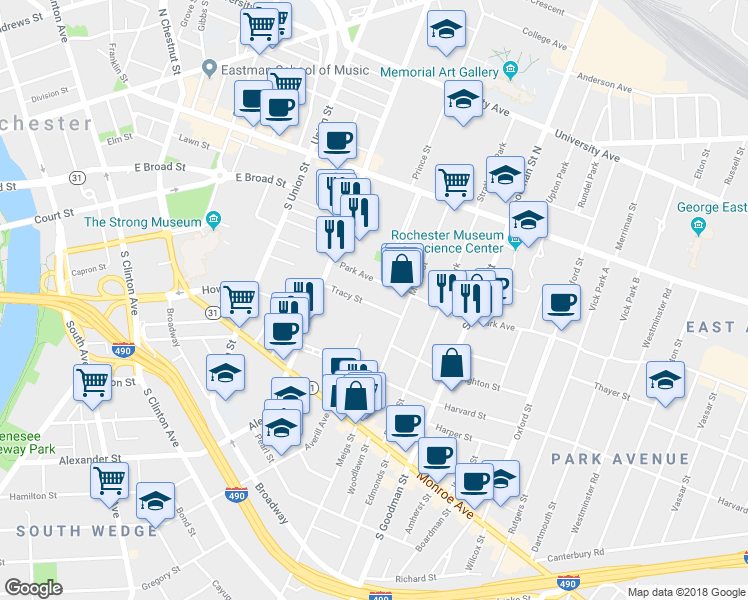 map of restaurants, bars, coffee shops, grocery stores, and more near 24 Tracy Street in Rochester