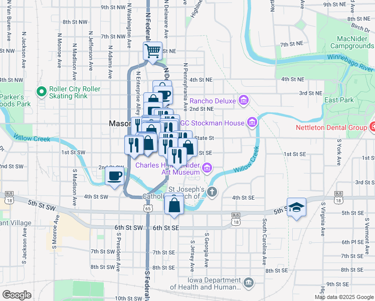 map of restaurants, bars, coffee shops, grocery stores, and more near 110 S Pennsylvania Ave in Mason City