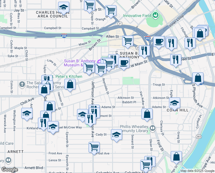 map of restaurants, bars, coffee shops, grocery stores, and more near 40 Reynolds Street in Rochester
