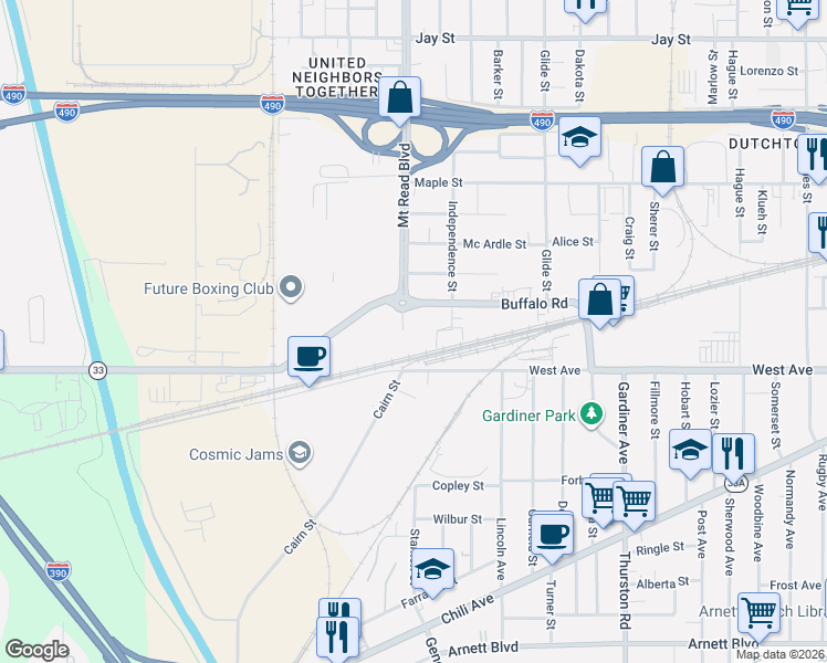 map of restaurants, bars, coffee shops, grocery stores, and more near 10 Mount Read Boulevard in Rochester