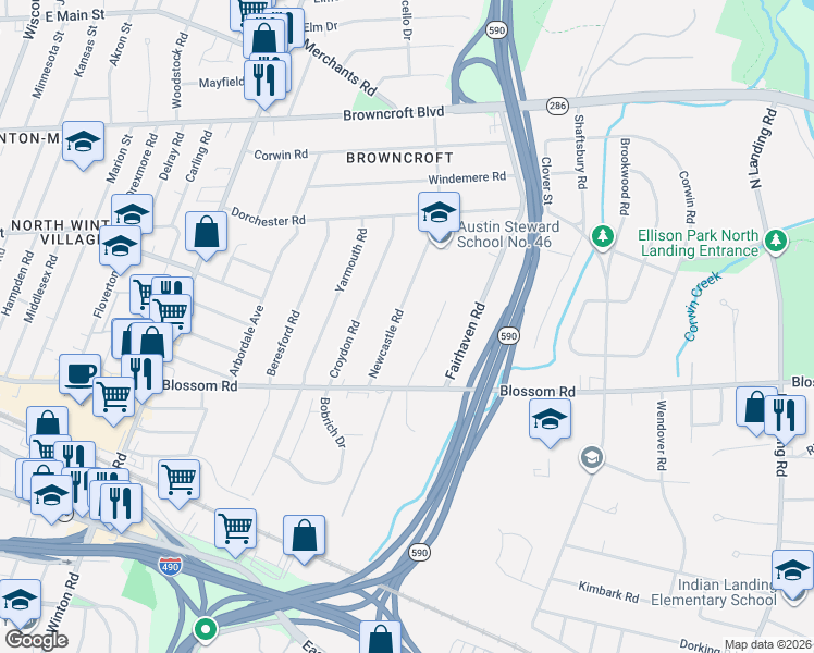 map of restaurants, bars, coffee shops, grocery stores, and more near 21 Gas Light Lane in Rochester