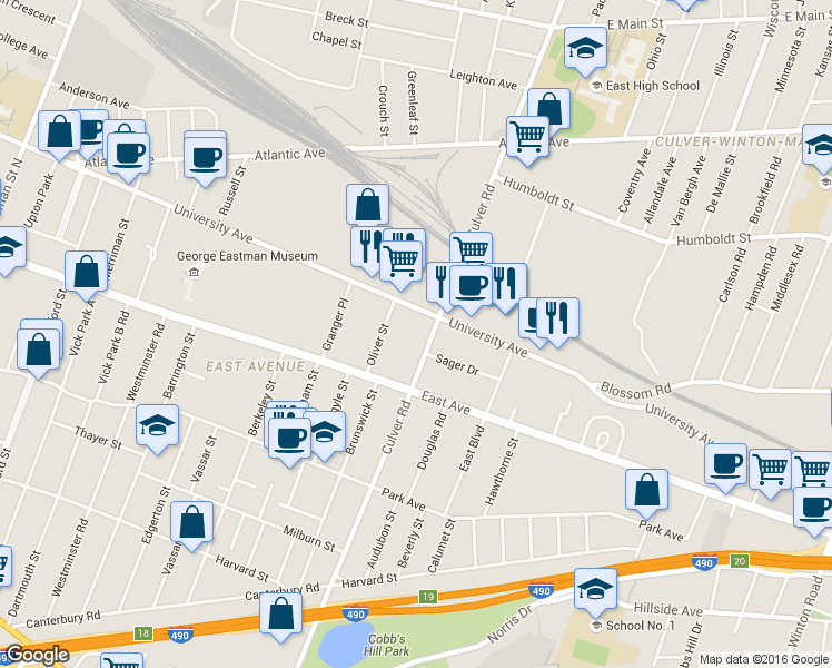 map of restaurants, bars, coffee shops, grocery stores, and more near 1210 East Avenue in Rochester