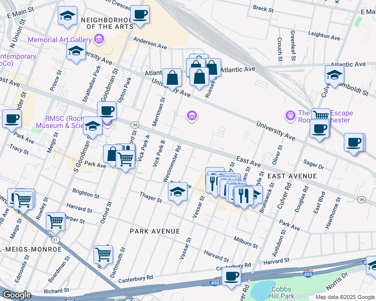 map of restaurants, bars, coffee shops, grocery stores, and more near 935 East Avenue in Rochester