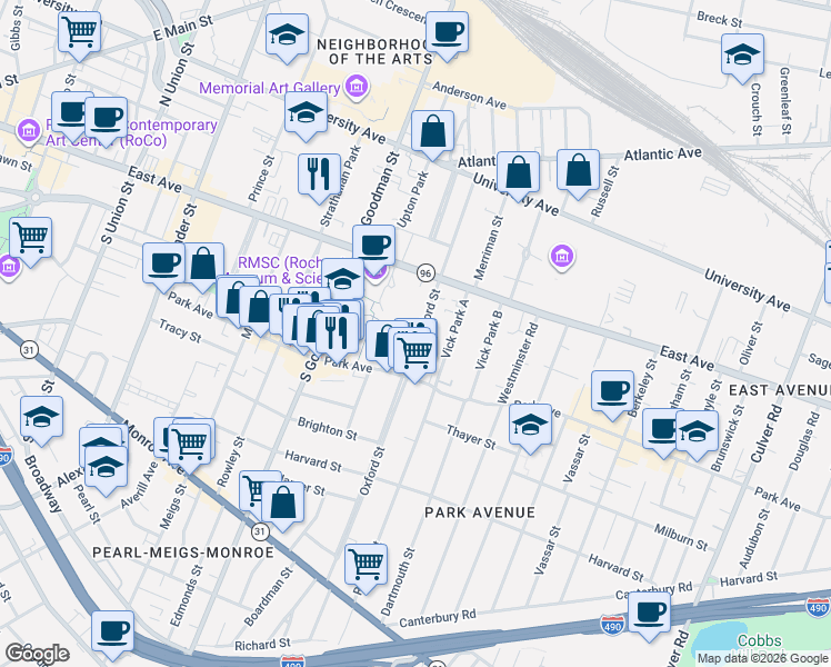 map of restaurants, bars, coffee shops, grocery stores, and more near 240 Oxford Street in Rochester