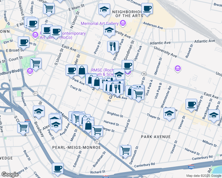 map of restaurants, bars, coffee shops, grocery stores, and more near 206 Park Avenue in Rochester