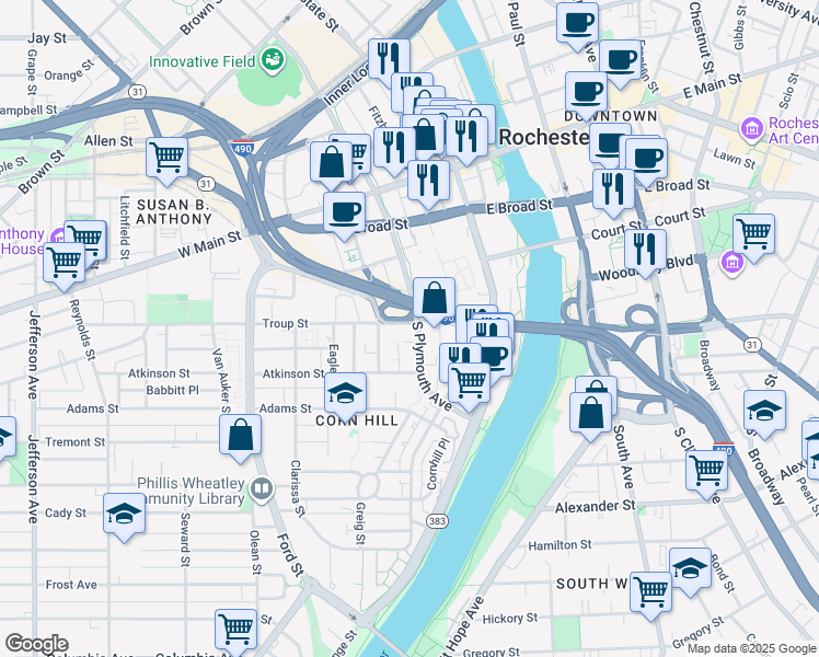 map of restaurants, bars, coffee shops, grocery stores, and more near 225 South Plymouth Avenue in Rochester