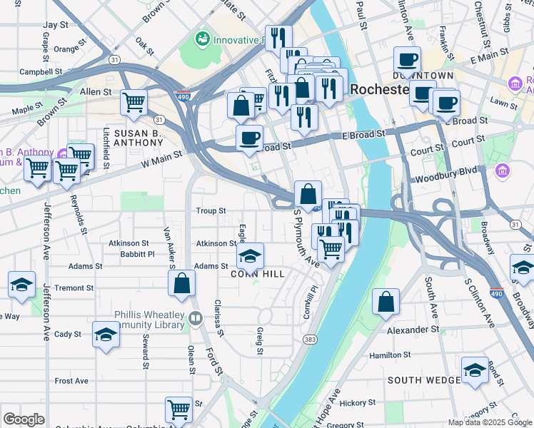 map of restaurants, bars, coffee shops, grocery stores, and more near 91 South Washington Street in Rochester