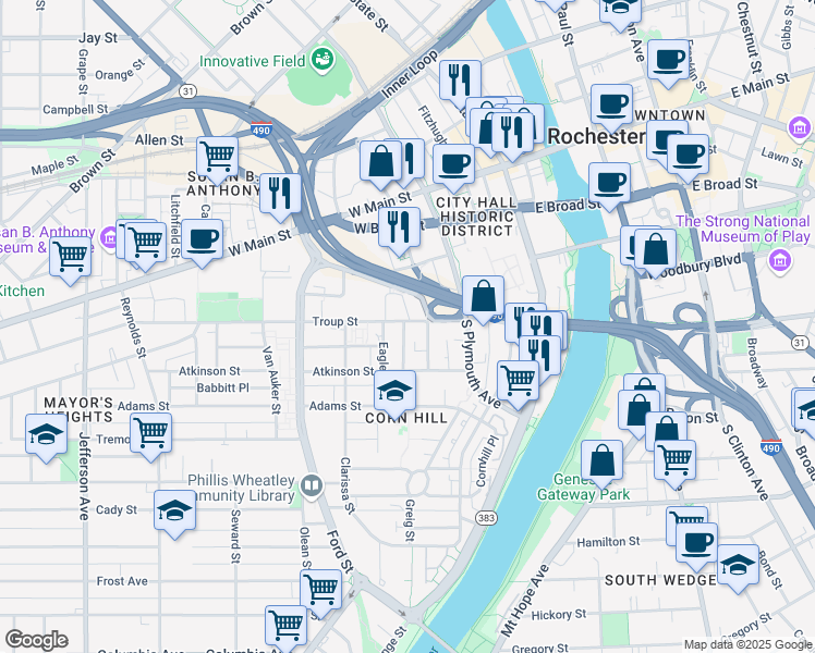 map of restaurants, bars, coffee shops, grocery stores, and more near 91 South Washington Street in Rochester
