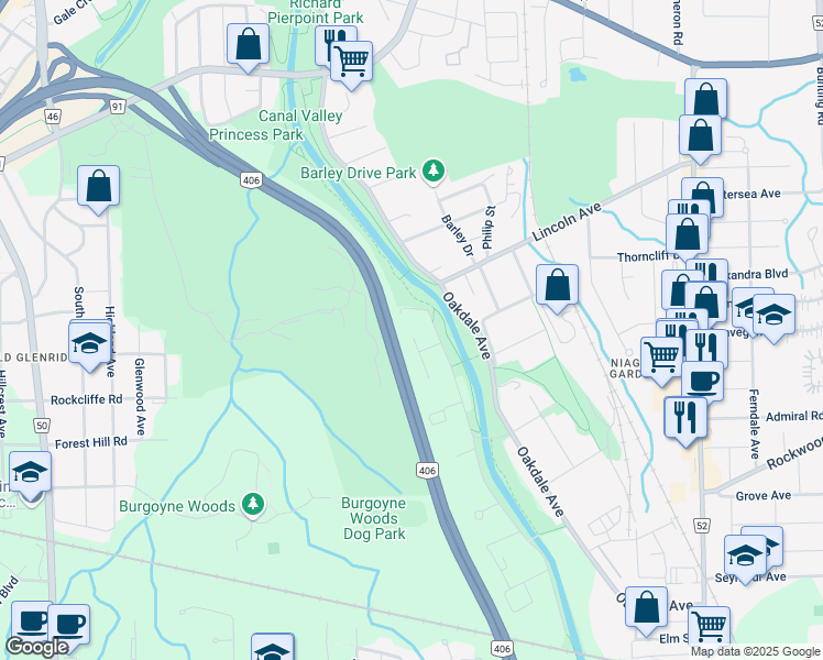 map of restaurants, bars, coffee shops, grocery stores, and more near 3 Hilts Court in St. Catharines