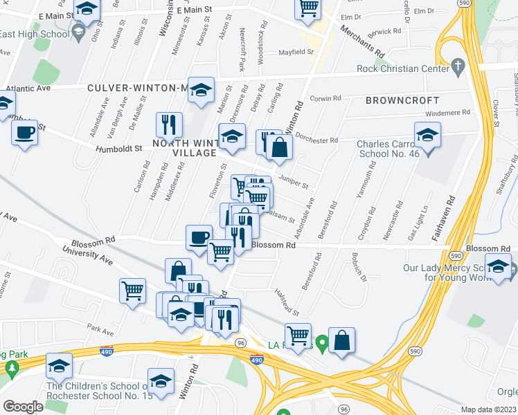 map of restaurants, bars, coffee shops, grocery stores, and more near Winton Road North & Balsam Street in Rochester