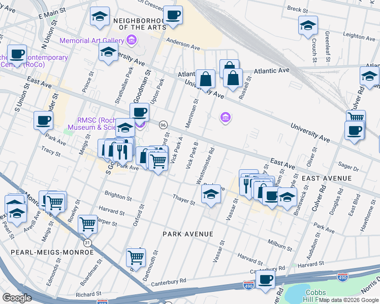 map of restaurants, bars, coffee shops, grocery stores, and more near 18 Vick Park B in Rochester