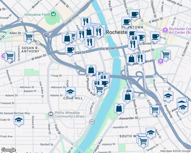 map of restaurants, bars, coffee shops, grocery stores, and more near 47 Troup Street in Rochester