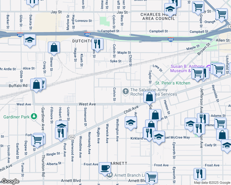 map of restaurants, bars, coffee shops, grocery stores, and more near 48 Colvin Street in Rochester