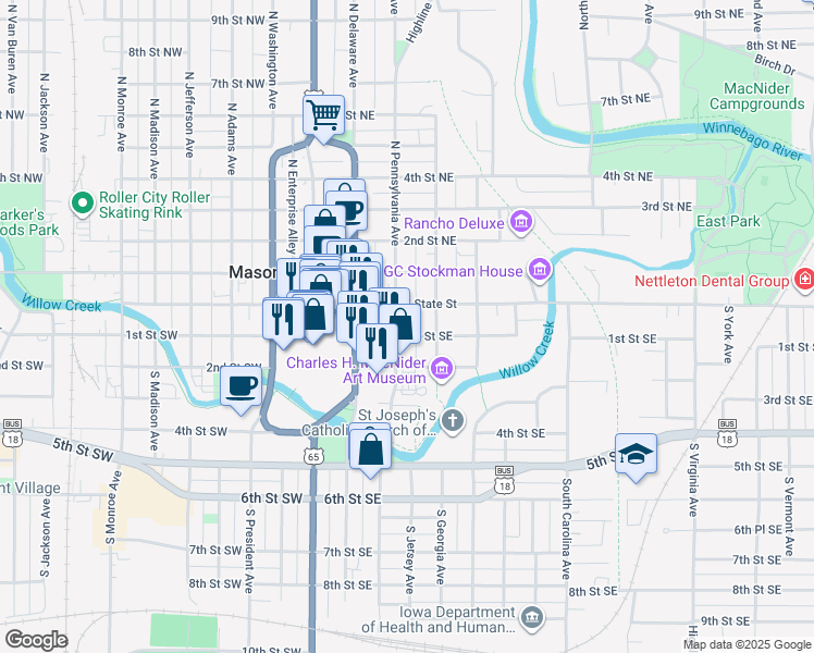 map of restaurants, bars, coffee shops, grocery stores, and more near 110 S Pennsylvania Ave in Mason City
