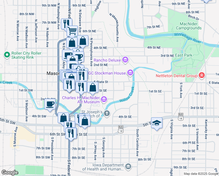 map of restaurants, bars, coffee shops, grocery stores, and more near 320 1st Street Southeast in Mason City