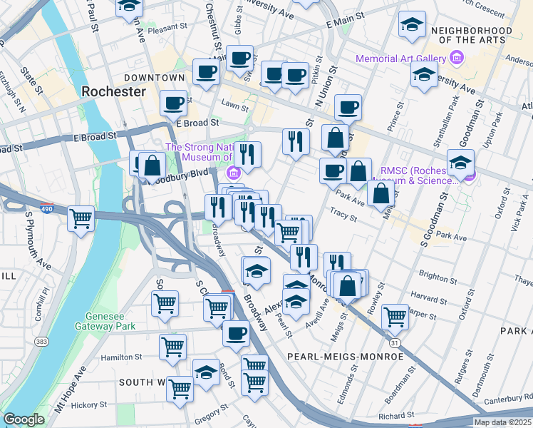 map of restaurants, bars, coffee shops, grocery stores, and more near 120 South Union Street in Rochester