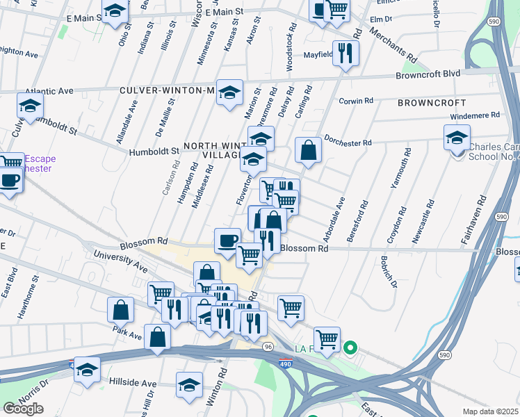 map of restaurants, bars, coffee shops, grocery stores, and more near 650 Blossom Road in Rochester
