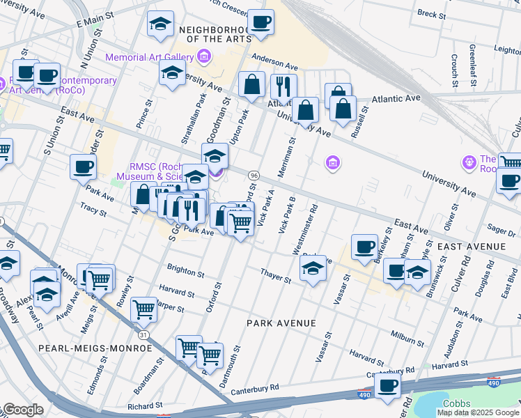 map of restaurants, bars, coffee shops, grocery stores, and more near 33 Vick Park A in Rochester
