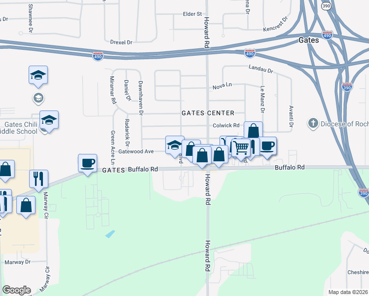 map of restaurants, bars, coffee shops, grocery stores, and more near 186 Gatewood Avenue in Rochester
