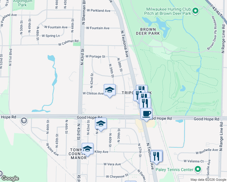 map of restaurants, bars, coffee shops, grocery stores, and more near 3829 West Clinton Avenue in Milwaukee
