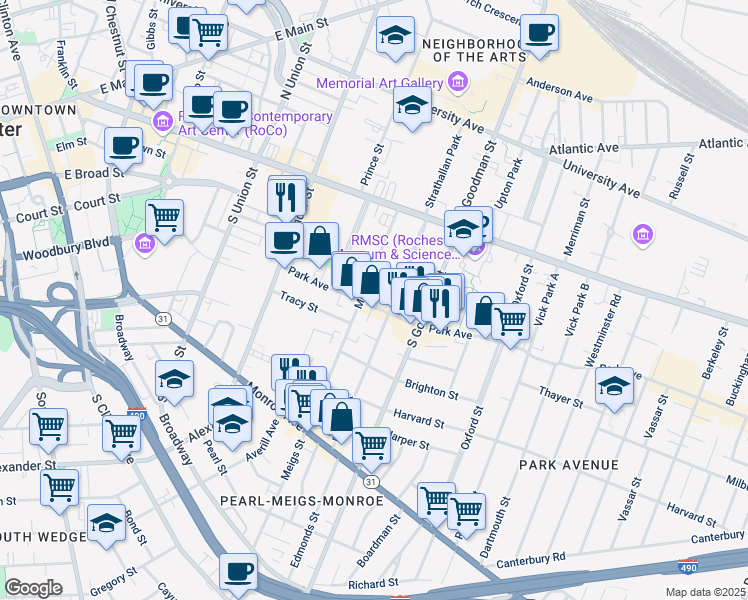 map of restaurants, bars, coffee shops, grocery stores, and more near 150 Park Avenue in Rochester