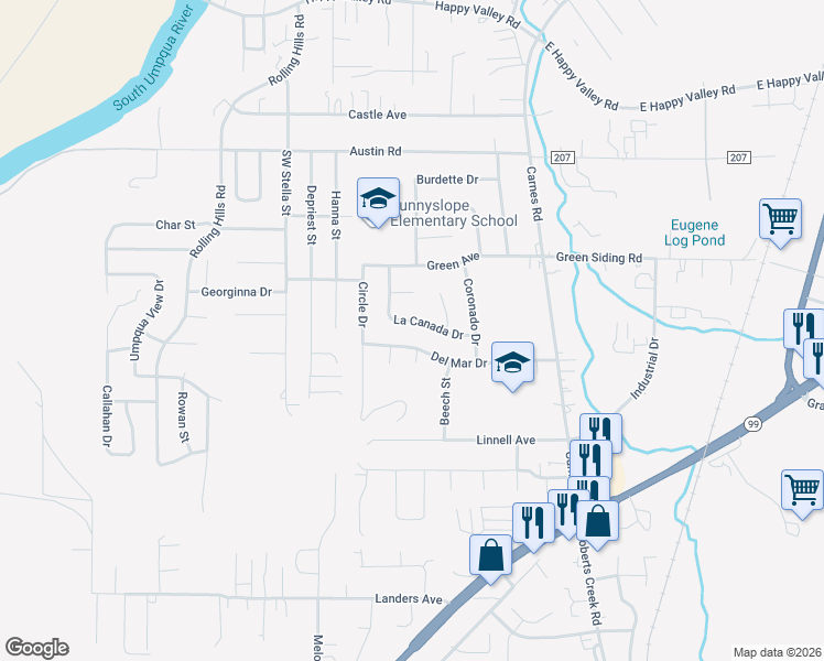 map of restaurants, bars, coffee shops, grocery stores, and more near 2262 Southwest La Canada Drive in Roseburg
