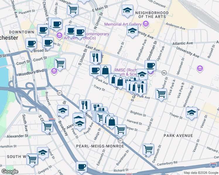 map of restaurants, bars, coffee shops, grocery stores, and more near 33 Tracy Street in Rochester