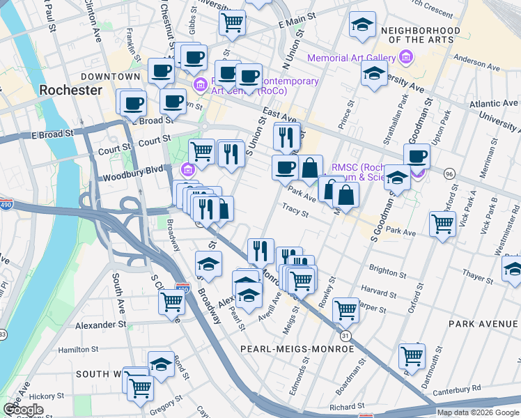 map of restaurants, bars, coffee shops, grocery stores, and more near 224 Alexander Street in Rochester