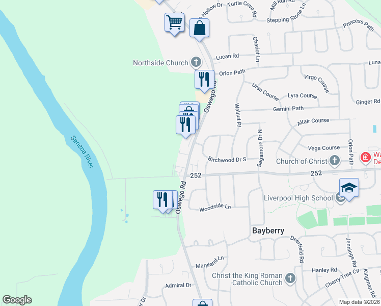 map of restaurants, bars, coffee shops, grocery stores, and more near Oswego Road in Liverpool