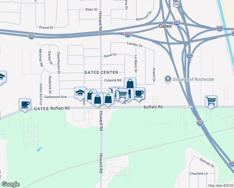 map of restaurants, bars, coffee shops, grocery stores, and more near 62 Normandale Drive in Rochester