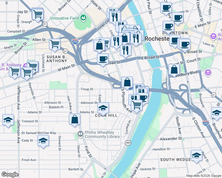 map of restaurants, bars, coffee shops, grocery stores, and more near Troup Street & South Washington Street in Rochester