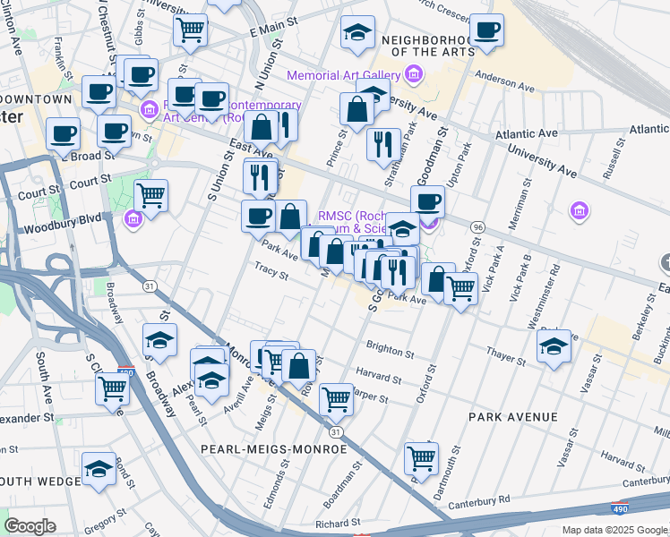 map of restaurants, bars, coffee shops, grocery stores, and more near 154 Park Avenue in Rochester