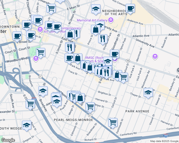 map of restaurants, bars, coffee shops, grocery stores, and more near 105 Meigs Street in Rochester