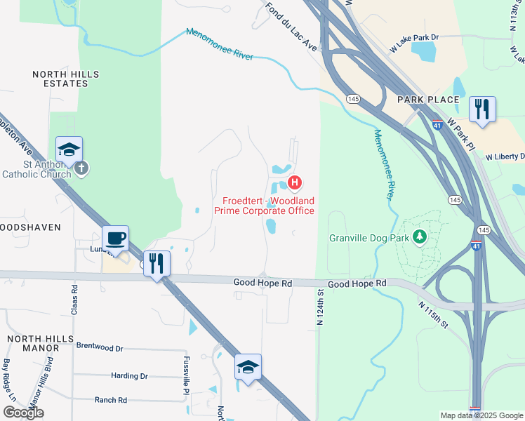 map of restaurants, bars, coffee shops, grocery stores, and more near Flint Drive in Menomonee Falls
