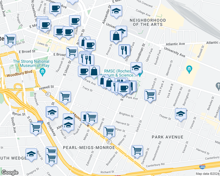 map of restaurants, bars, coffee shops, grocery stores, and more near 105 Meigs Street in Rochester