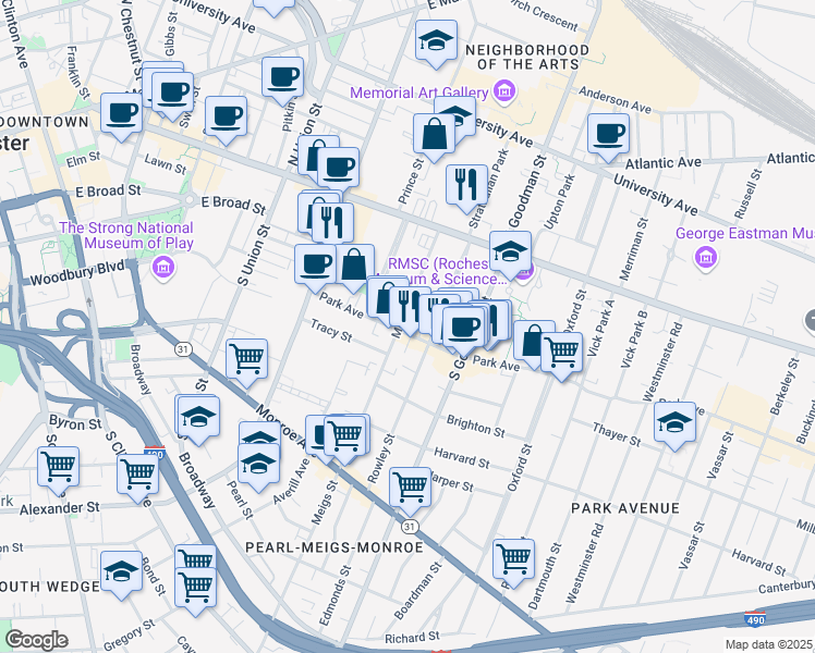 map of restaurants, bars, coffee shops, grocery stores, and more near 105 Meigs Street in Rochester
