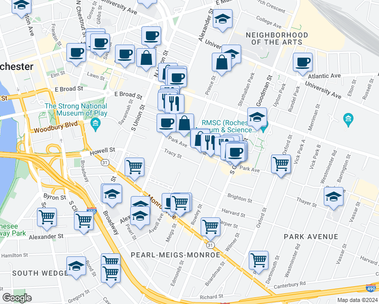 map of restaurants, bars, coffee shops, grocery stores, and more near 74 Park Avenue in Rochester